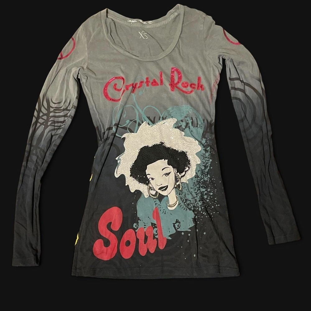 Crystal Rock by Christian Audigier Grey long sleeve all over printed top